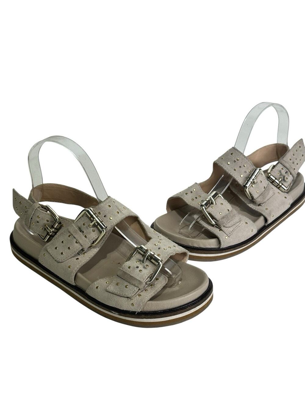Pilcro Anthropologie Studded Suede Slingback Sandals Beige Buckle Size 36